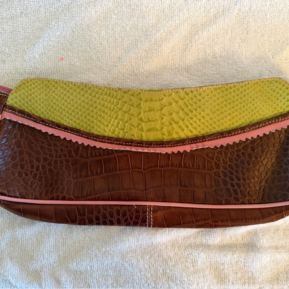 Brown Croc-Textured Clutch with Lime Green and Pink Trim